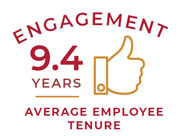 engagement infographic showing 9.4 years average employee tenure and thumbs up graphic