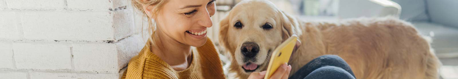 Woman using phone while sitting next to dog